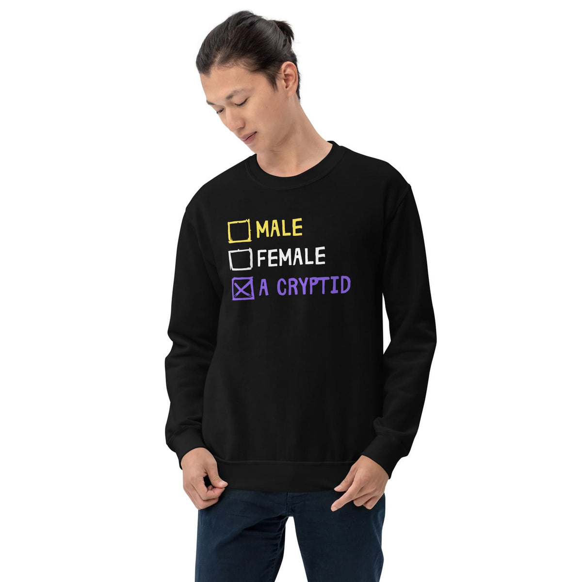 Person wearing a black nonbinary cryptid sweatshirt with text design on a white background