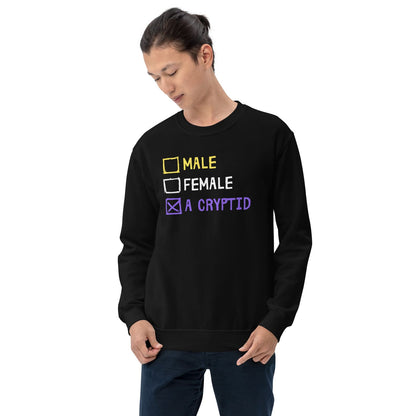 Person wearing a black nonbinary cryptid sweatshirt with text design on a white background