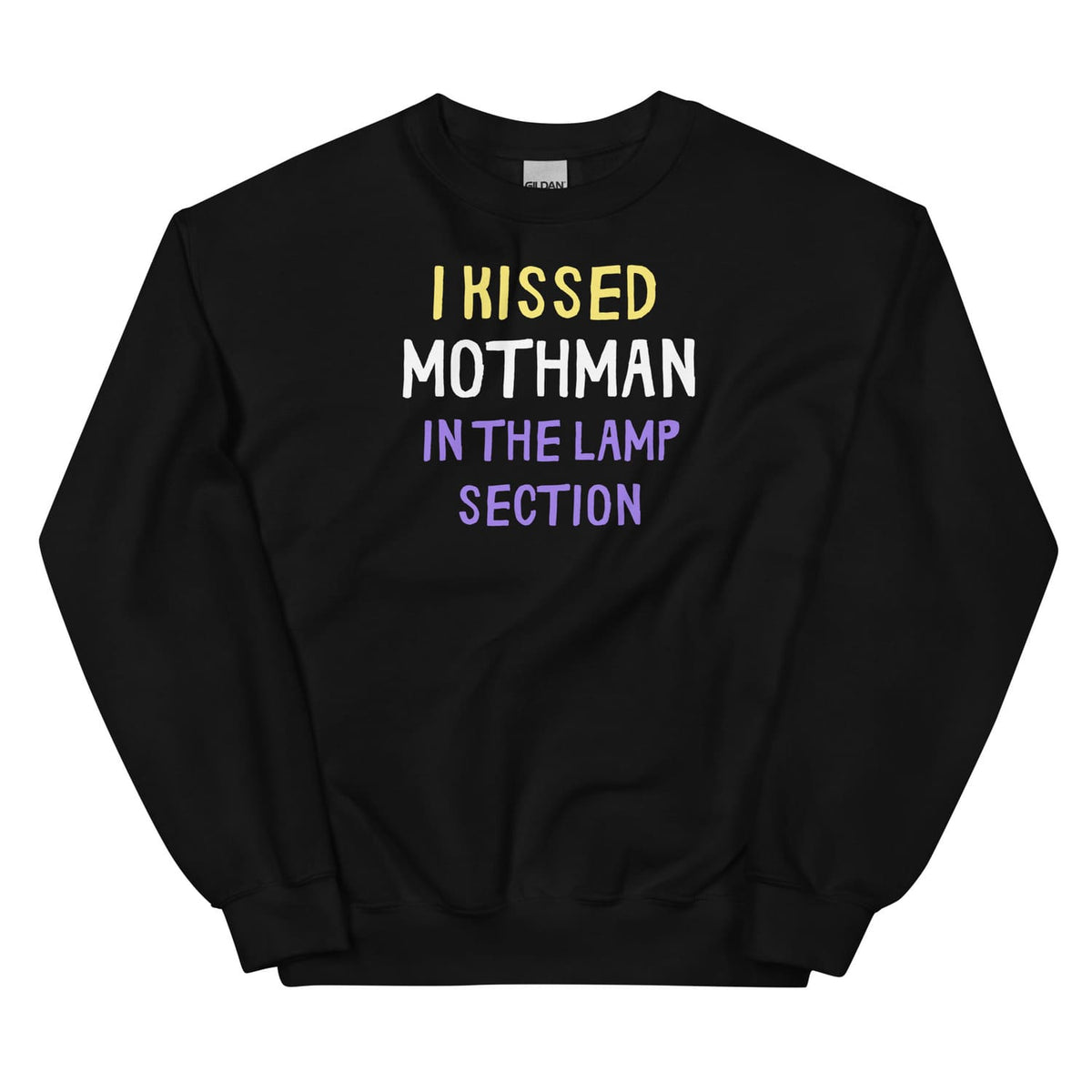 Black nonbinary mothman sweatshirt with colorful text on a white background