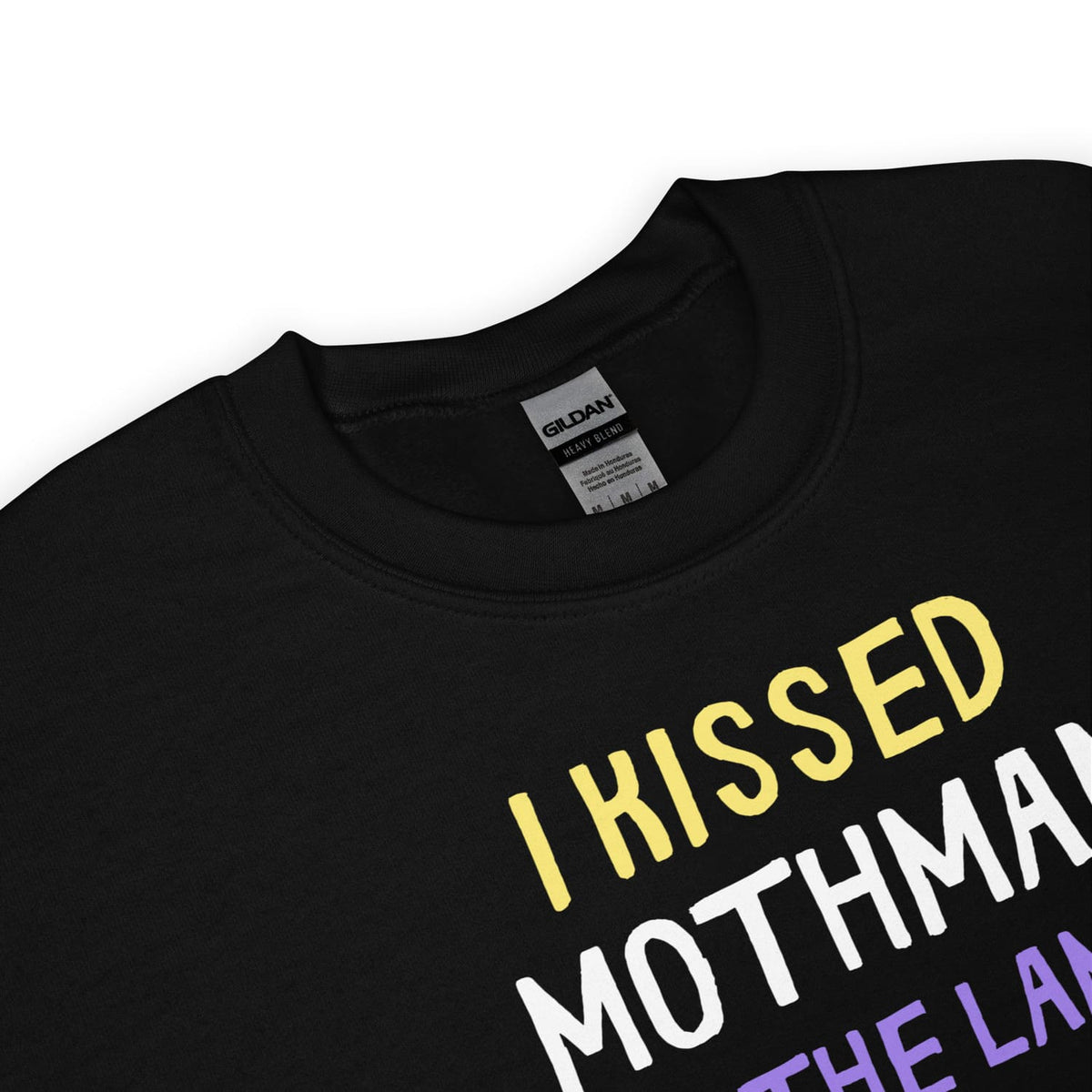 Blackenby pride sweatshirt with colorful text 'I KISSED MOTHMAN' on a white background