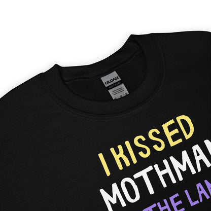 Blackenby pride sweatshirt with colorful text 'I KISSED MOTHMAN' on a white background