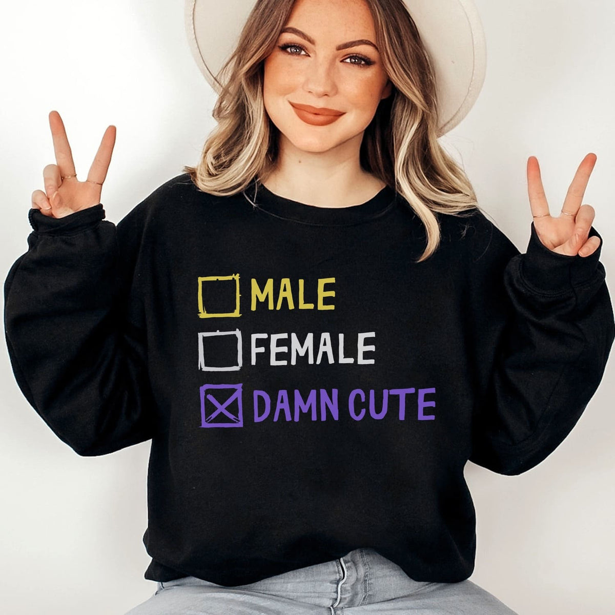 person wearing funny nonbinary sweatshirt