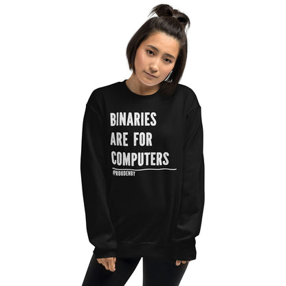 enby Person wearing a black non binary sweatshirt with text on a white background
