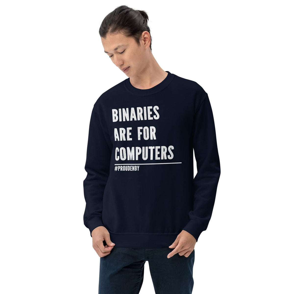 enby Person wearing a navy blue funny nonbinary sweatshirt with text on a white background