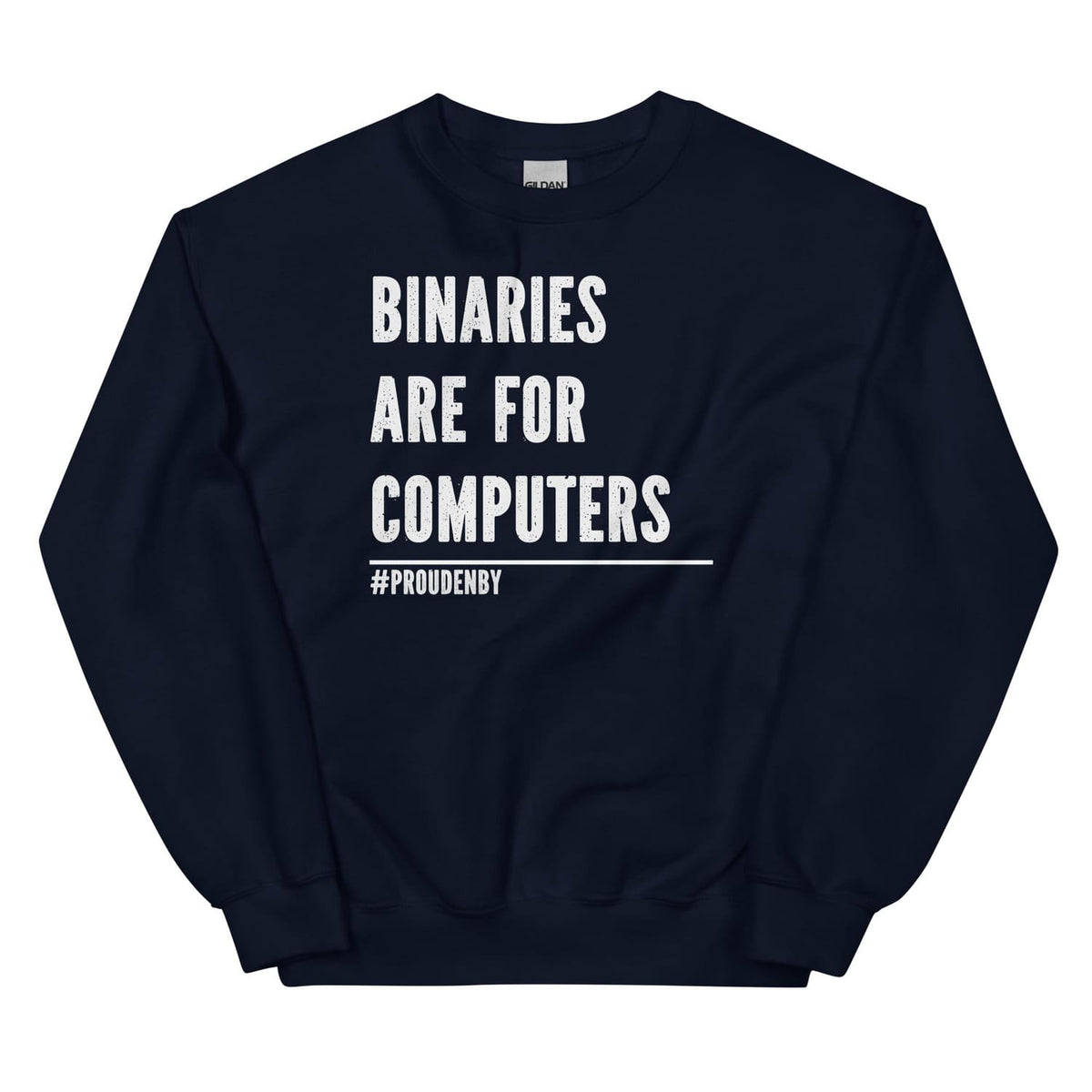 Navy sweatshirt with white text on a white background