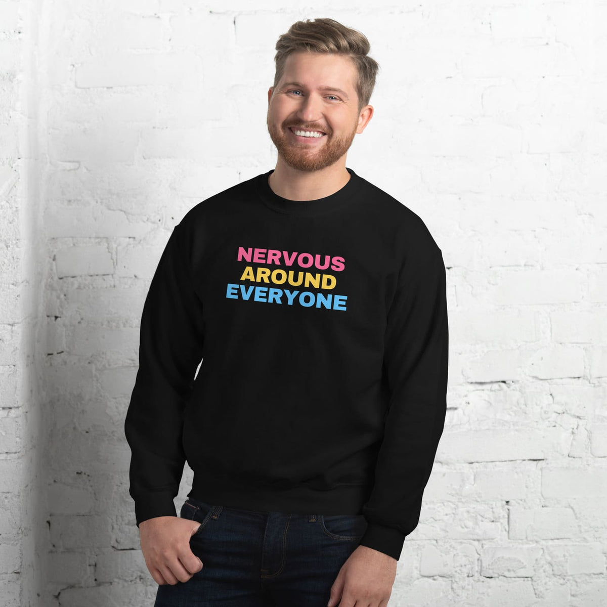 man wearing funny pansexual sweatshirt in black