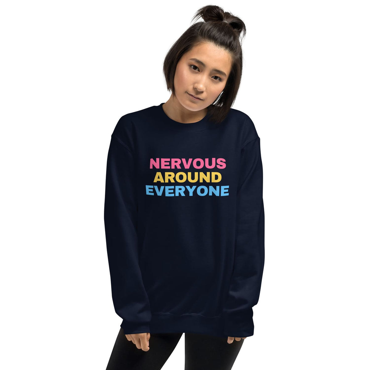 woman wearing funny pansexual sweatshirt in navy