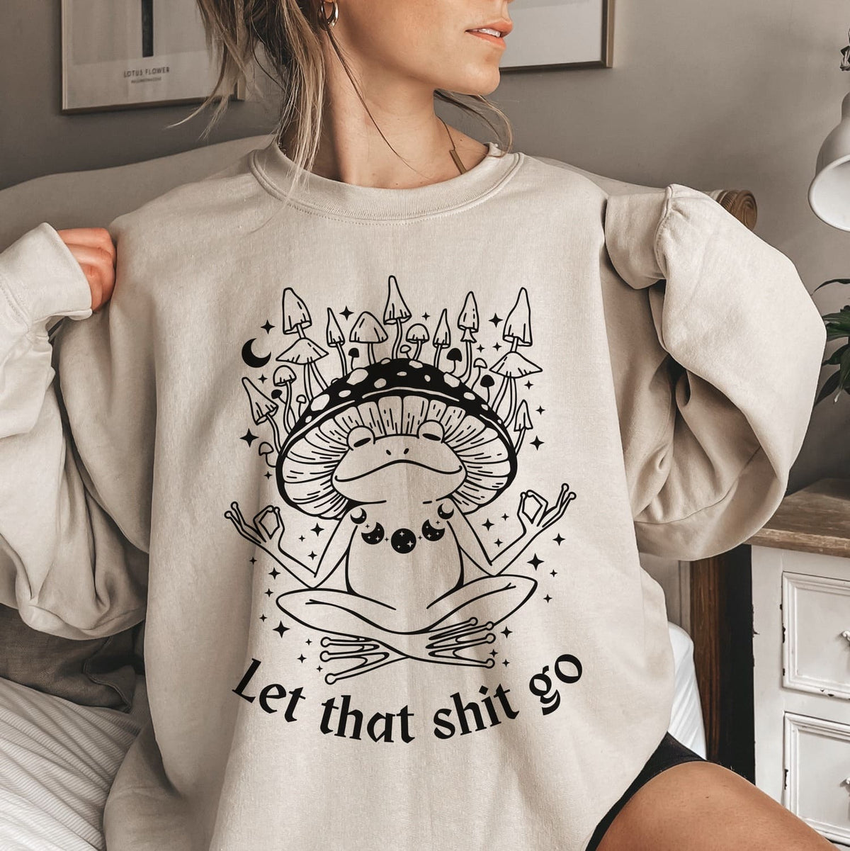 woman wearing Funny mental health celestial frog sweatshirt