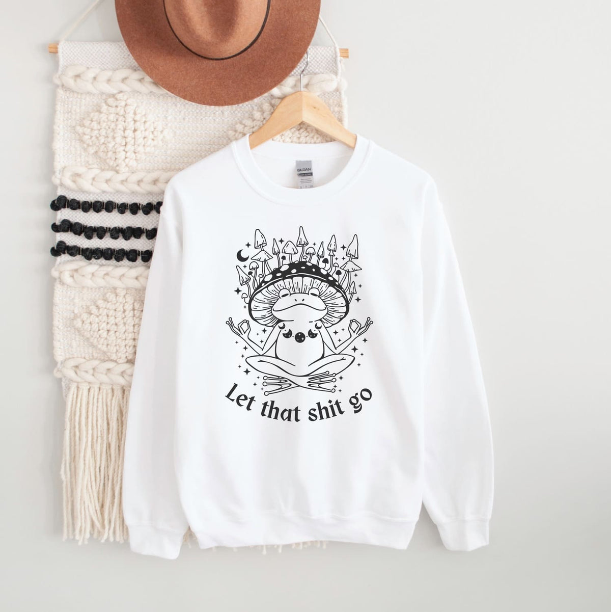 Funny mental health celestial frog sweatshirt, hanging, white