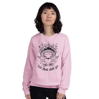 woman wearing pink Funny mental health celestial frog sweatshirt,