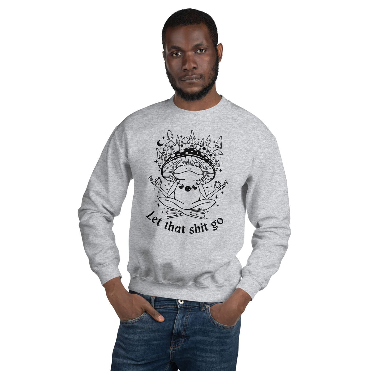 man wearing grey Funny mental health celestial frog sweatshirt