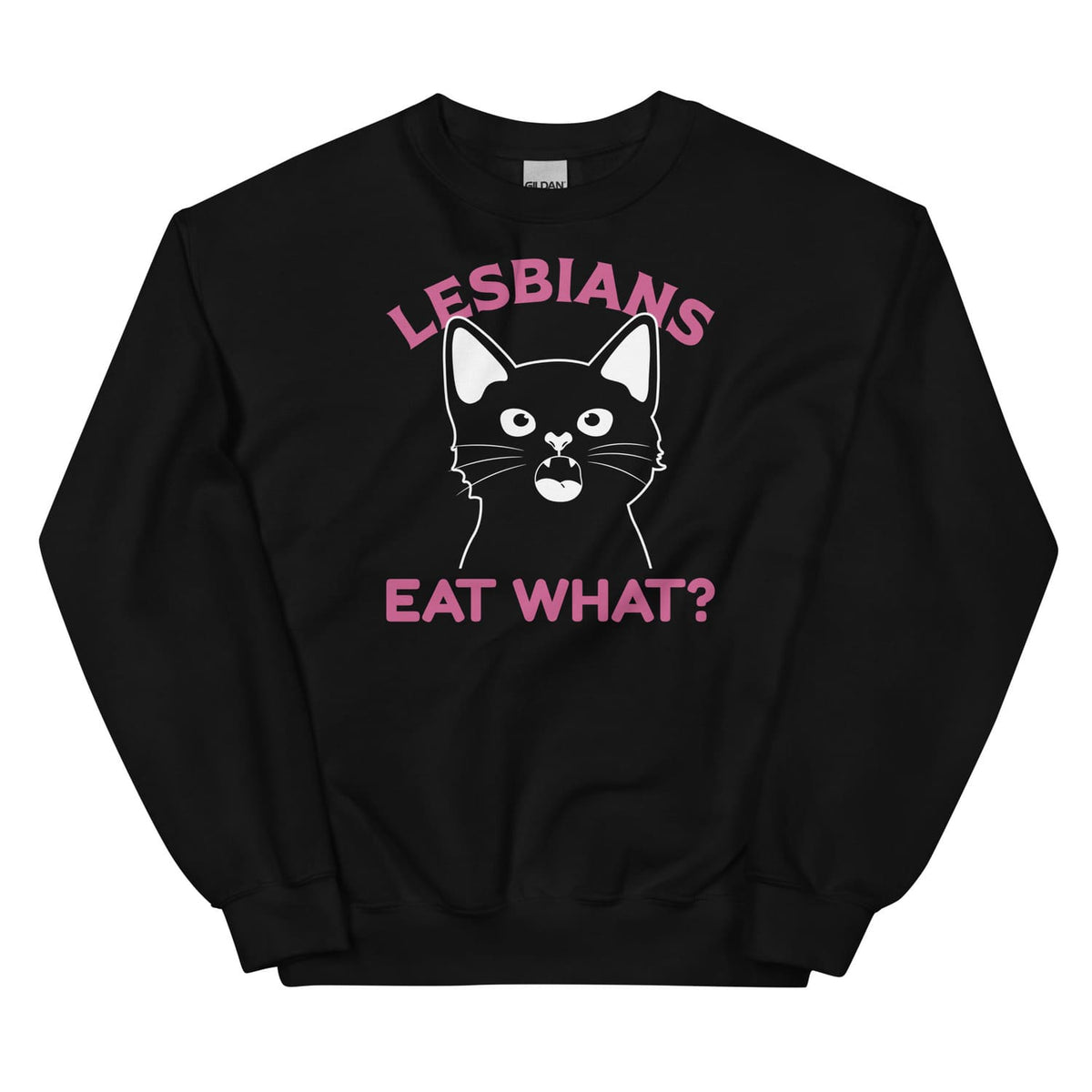 Black lesbian sweatshirt with a cat graphic and text on a white background