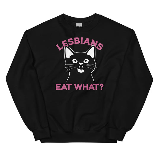 Black lesbian sweatshirt with a cat graphic and text on a white background