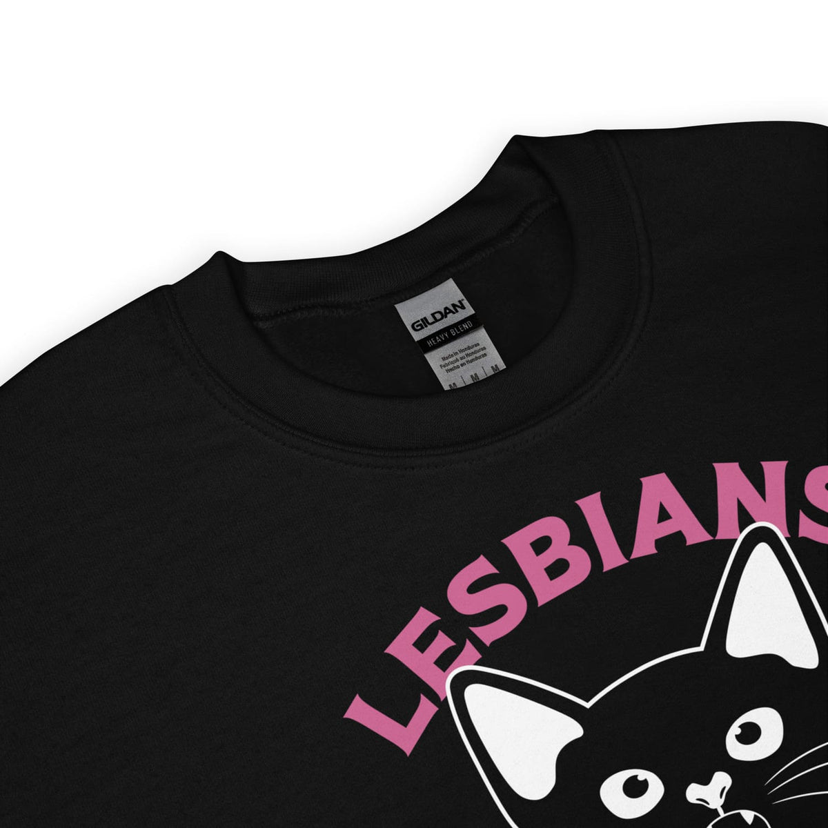 Lesbian sweatshirt detail with pink text and a cat graphic on a white background