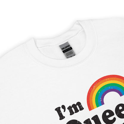 queer pride sweatshirt detail with rainbow design and text 'I'm Queer' on a white background