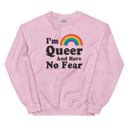 Pink queer sweatshirt with rainbow and text on a white background