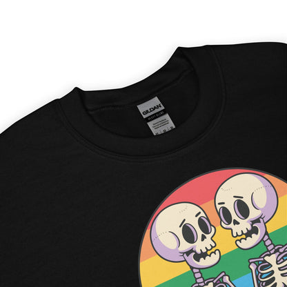 Black sweatshirt with a rainbow pride skeleton design on a white background