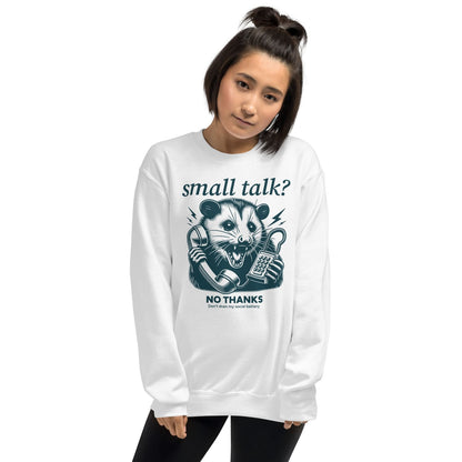 Person wearing a white sweatshirt with a social anxiety opossum graphic and text on a white background