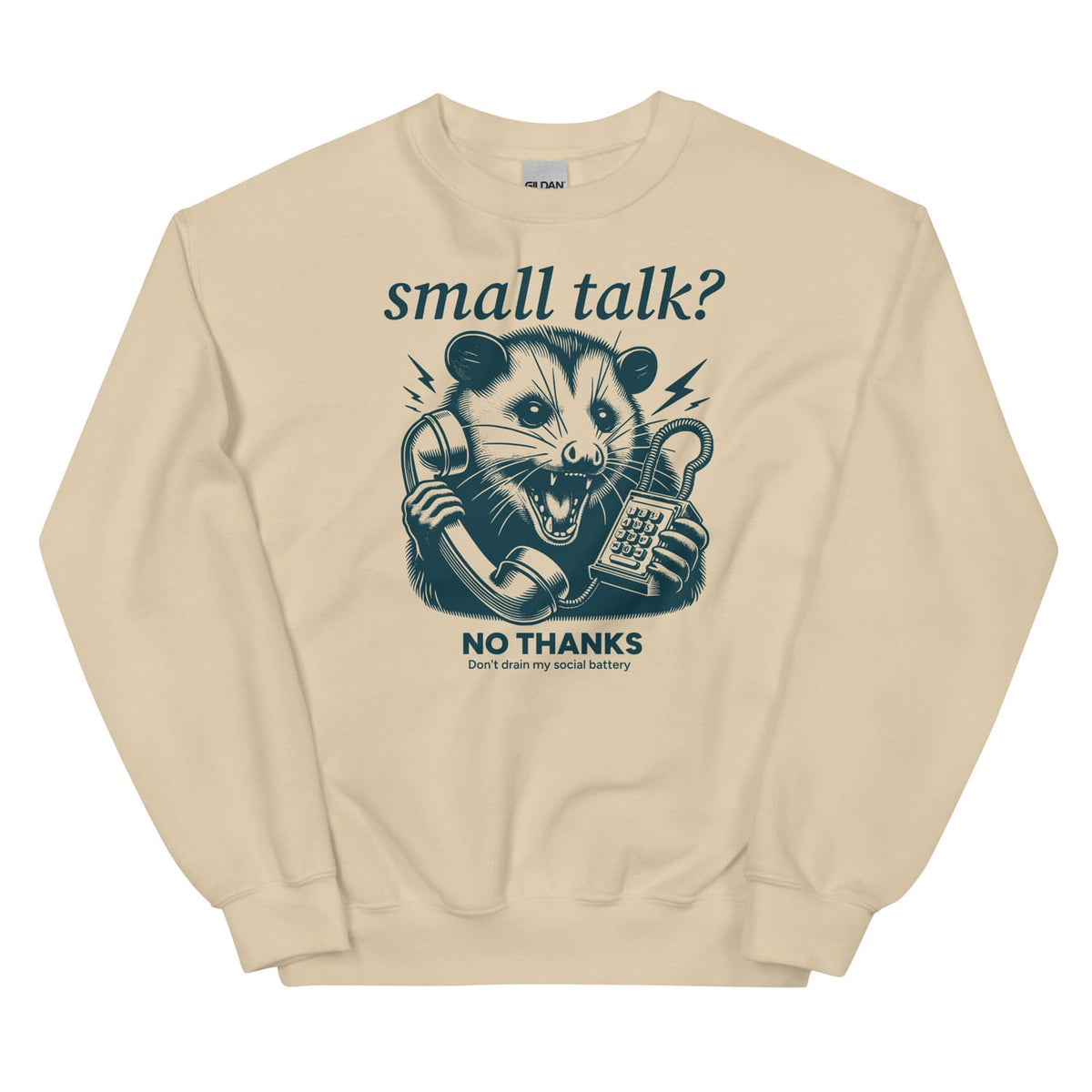 Beige sweatshirt with an opossum social anxiety graphic and text on a white background