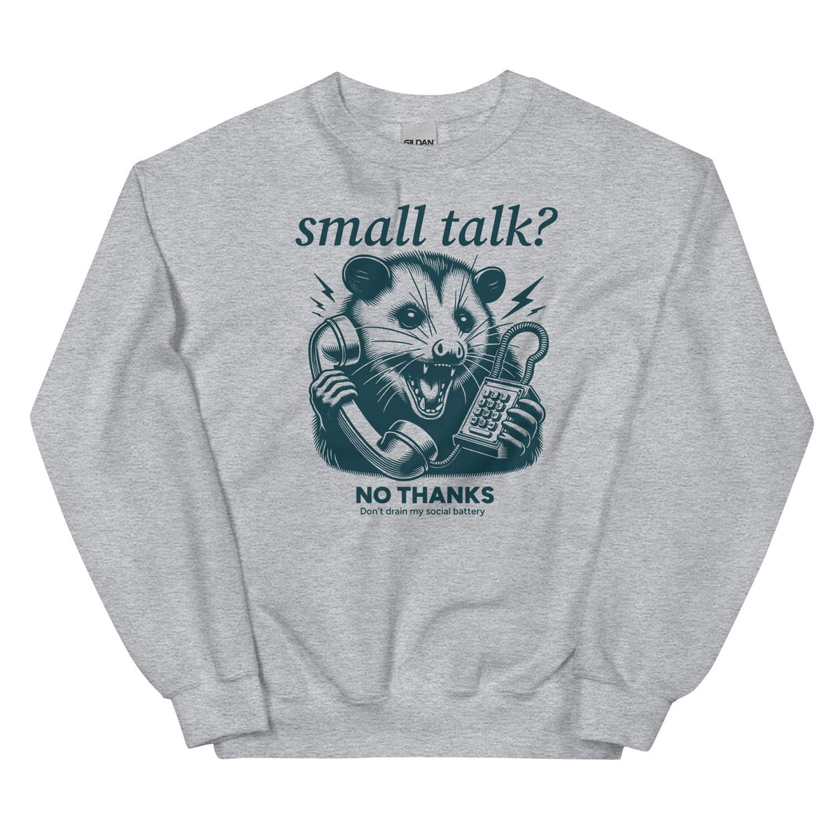 Gray social anxiety sweatshirt with an opossum holding a phone graphic and text on a white background