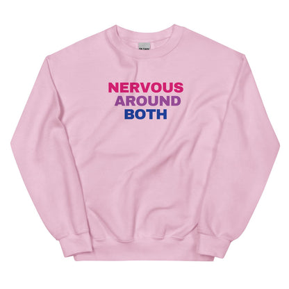 Pink bisexual sweatshirt with text 'NERVOUS AROUND BOTH' on a white background