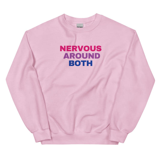 Pink bisexual sweatshirt with text 'NERVOUS AROUND BOTH' on a white background