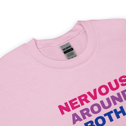 Pink bisexual sweatshirt with colorful text 'NERVOUS AROUND BOTH' on a white background