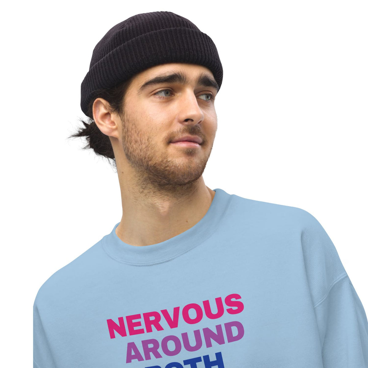 Man wearing a light blue bisexual sweatshirt with text on a white background