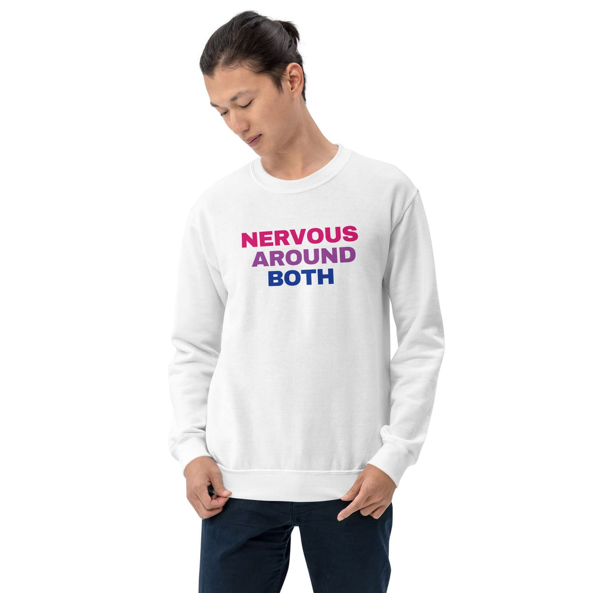 Person wearing a white bisexual sweatshirt with 'NERVOUS AROUND BOTH' text on a white background