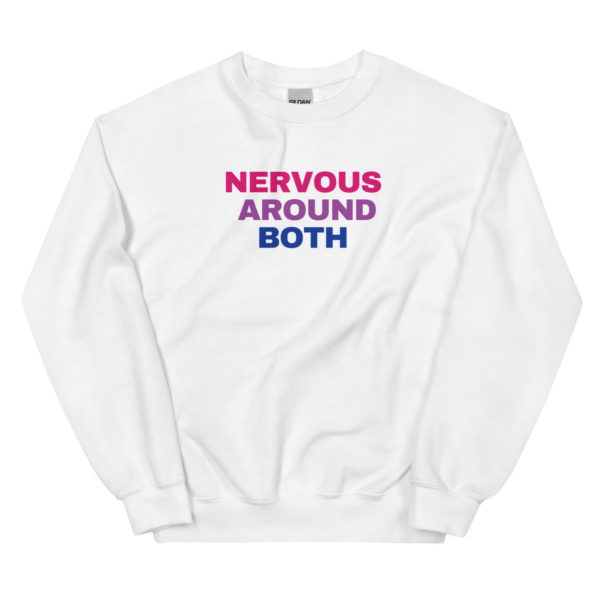 White bisexual sweatshirt with colorful text 'NERVOUS AROUND BOTH' on a white background