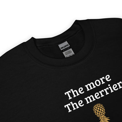 Black swingers sweatshirt with 'The more The merrier' text and pineapple graphic, Gildan label visible.