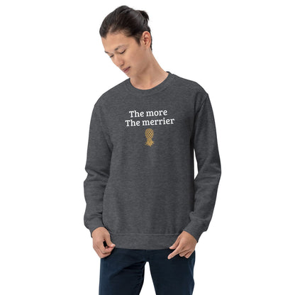 Person wearing a dark gray sweatshirt with swingers upside down pineapple on a white background