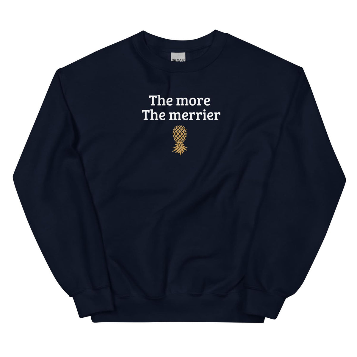 Navy swingers sweatshirt with 'The more The merrier' text and pineapple graphic on a white background