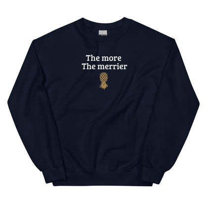 Navy swingers sweatshirt with 'The more The merrier' text and pineapple graphic on a white background