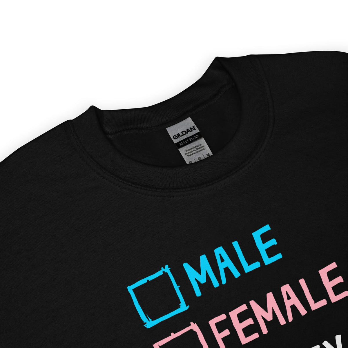 Detail of transgender sweatshirt with 'Male' in blue and 'Female' in pink text on a white background