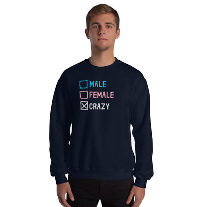 Trans boy wearing a navy blue funny sweatshirt with transgender pride text and checkboxes on a white background