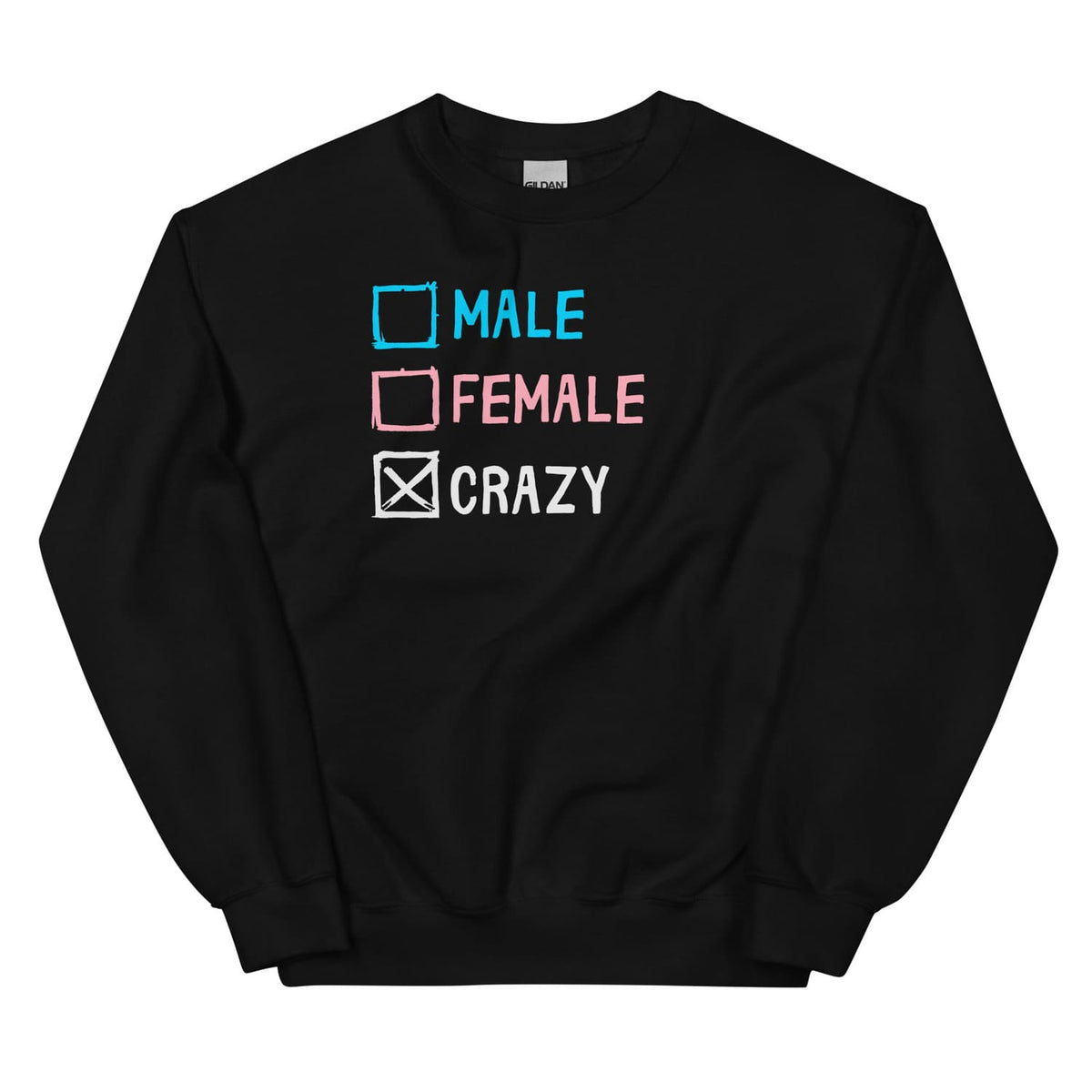 Transgender sweatshirt with text and checkboxes on a white background