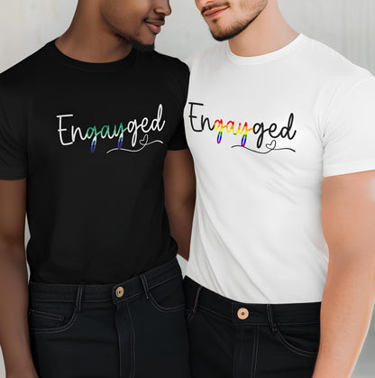 Two MLM gay men wearing wedding announcement 'Engayged' engagement t-shirts