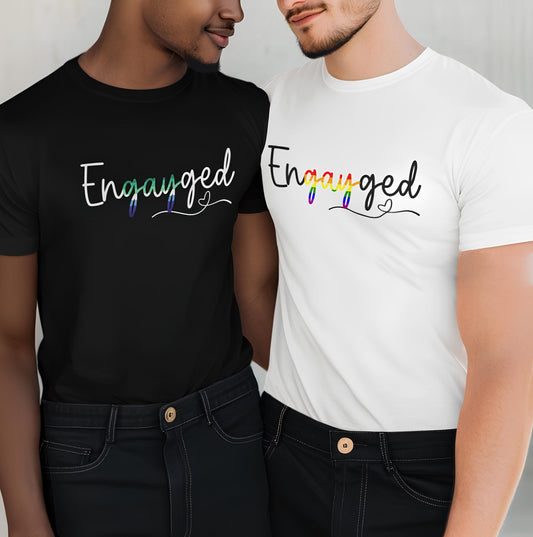 Two MLM gay men wearing wedding announcement 'Engayged' engagement t-shirts
