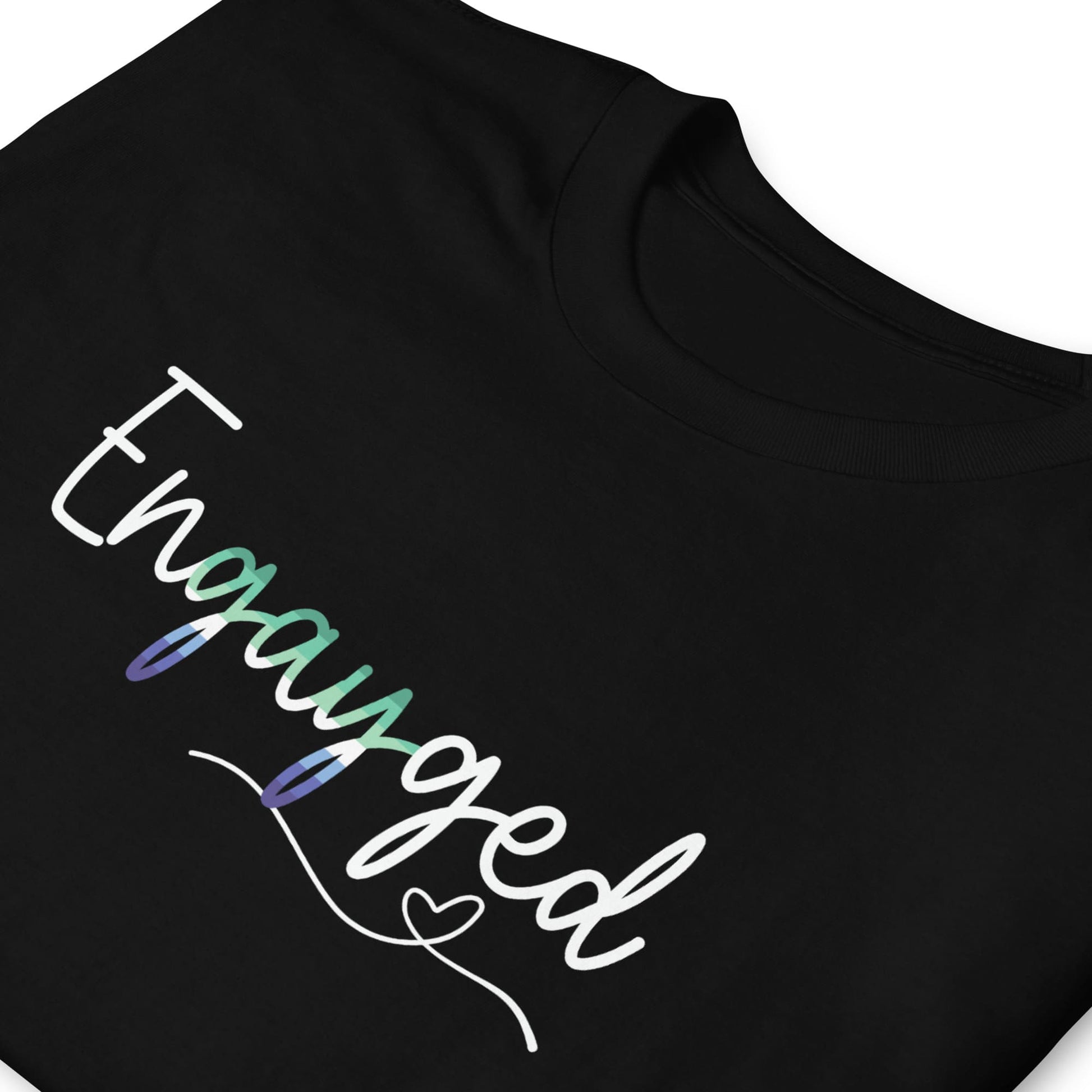 Black t-shirt with gay MLM engagement 'Engayged' text in vincian flag colors on a white background