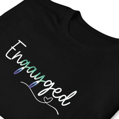 Black t-shirt with gay MLM engagement 'Engayged' text in vincian flag colors on a white background