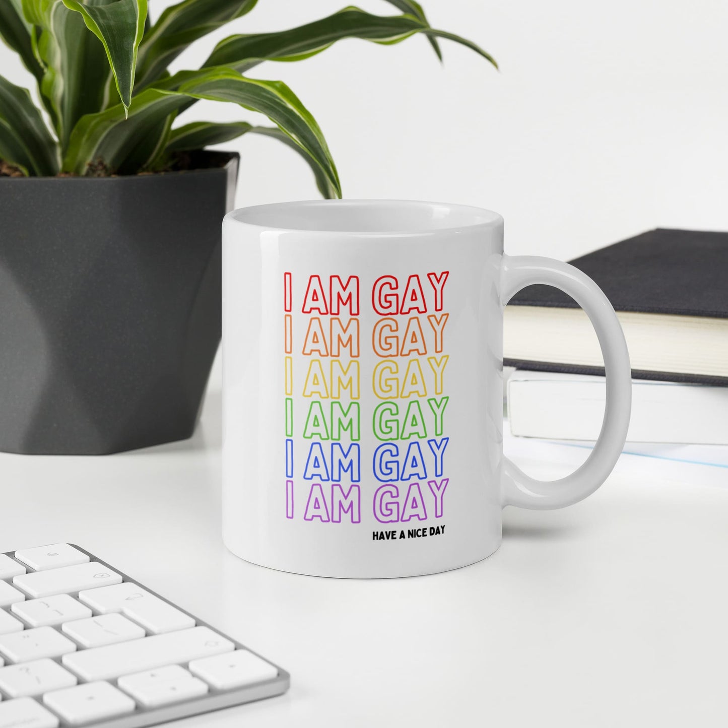 gay LGBT coffee or tea mug, on desk