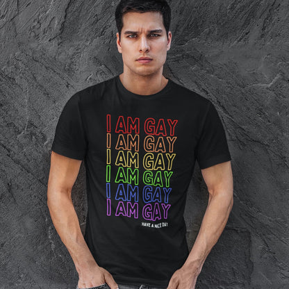 LGBT gay shirt, statement rainbow pride, model