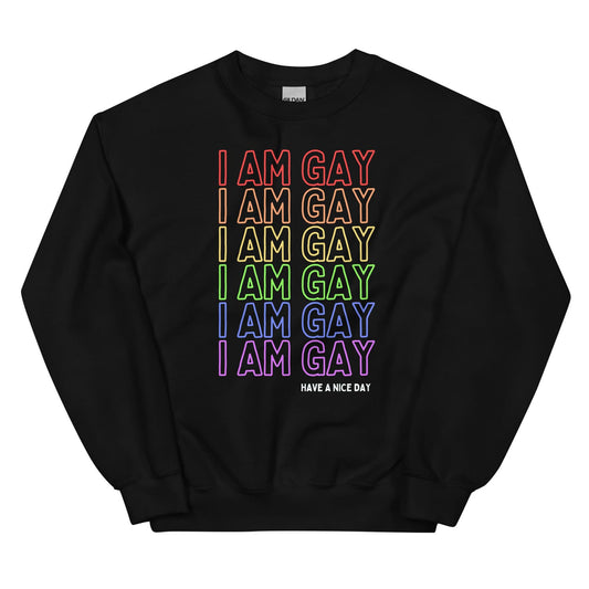 Black pride sweatshirt with rainbow-colored text on a white background