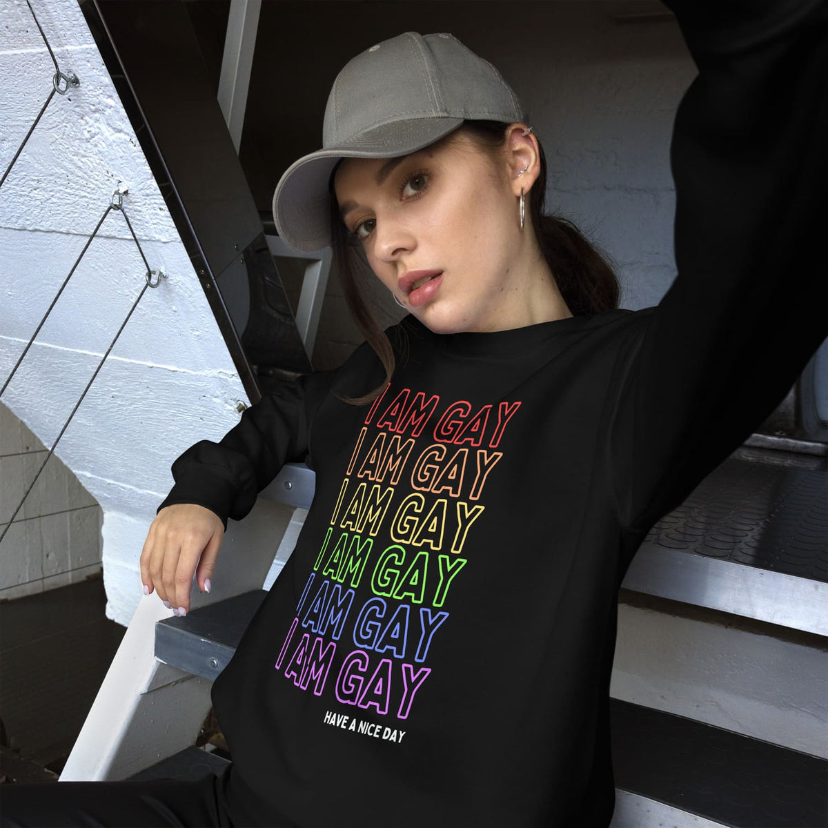 woman wearing funny lgbt pride sweatshirt