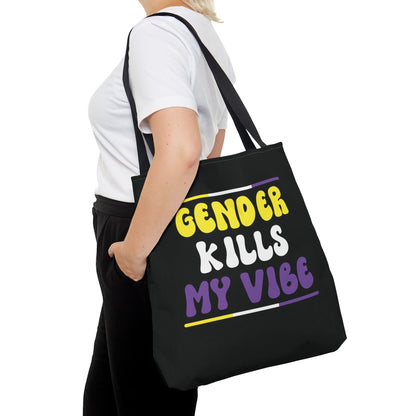 Statement nonbinary tote bag, gender kills my vibe quote, large