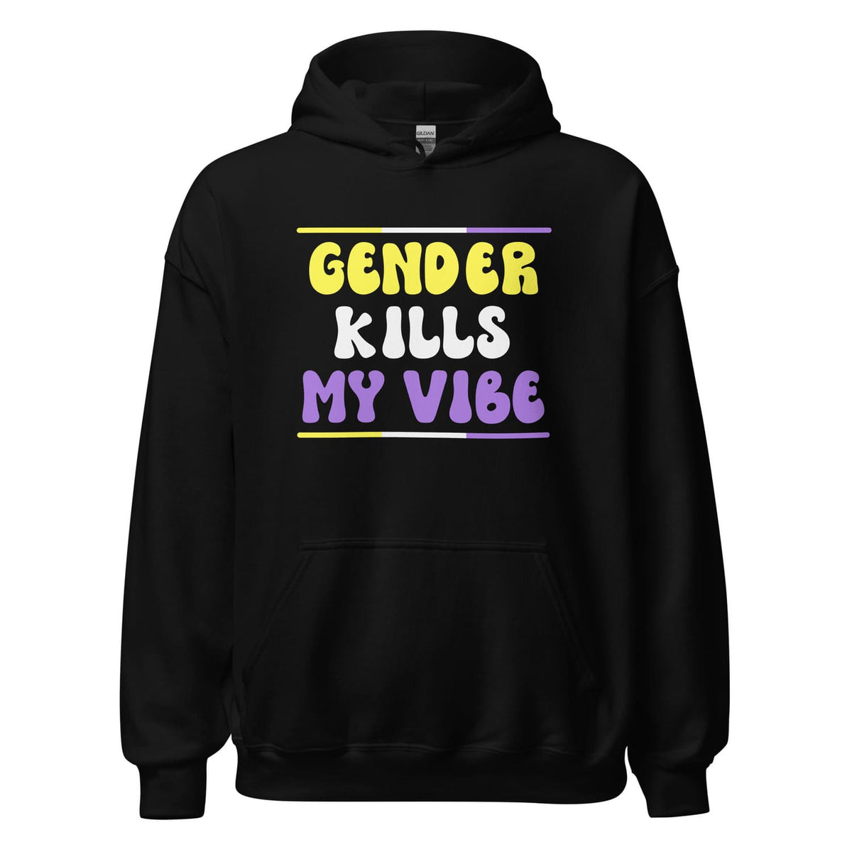 Black nonbinary hoodie with colorful text 'GENDER KILLS MY VIBE' on a white background