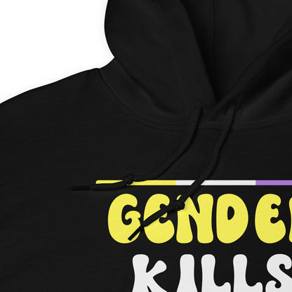 Black hoodie with nonbinary text on a white background