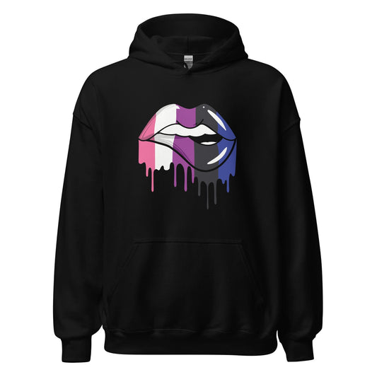 Black hoodie with a colorful genderfluid lips design on a white background