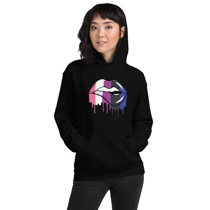 Person wearing a black hoodie with a colorful genderfluid lips design on a white background